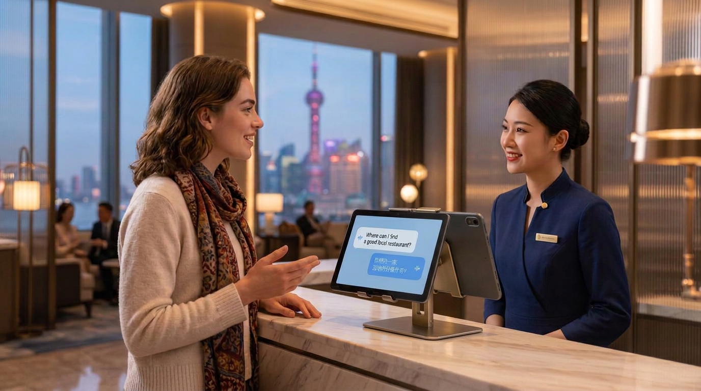 A guest talks with a hotel receptionist in China through two paired PolyPort tablets on the front desk, one facing each side