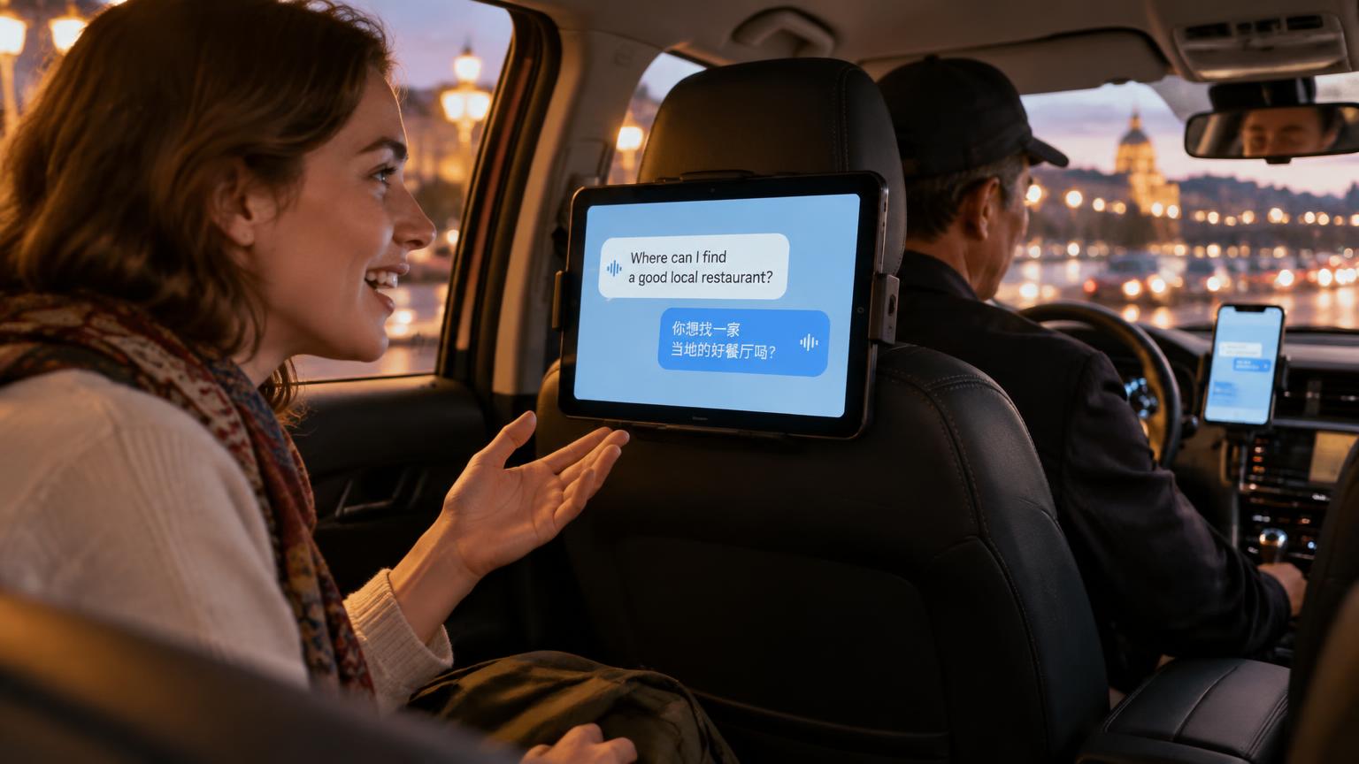A passenger talks to a PolyPort tablet on the back of the driver's seat while the driver sees the translation on his phone